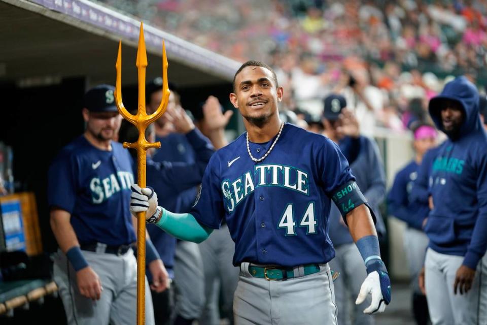 Seattle Mariners’ Julio Rodriguez celebrates his two-run home run against the Detroit Tigers in the ninth inning of a baseball game, Friday, May 12, 2023, in Detroit. (AP Photo/Paul Sancya) Paul Sancya/AP