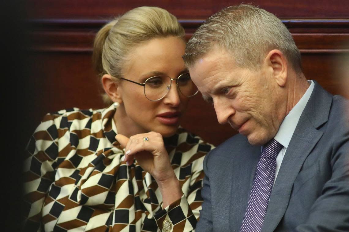 State Sen. Lauren Book, D-Plantation, confers with Rep. Paul Renner, R-Palm Coast, during debate on Senate Bill CS/SB 2-D: Property Insurance, during the most recent special session in the Florida Senate Tuesday, May 24, 2022 at the Capitol in Tallahassee, Fla.