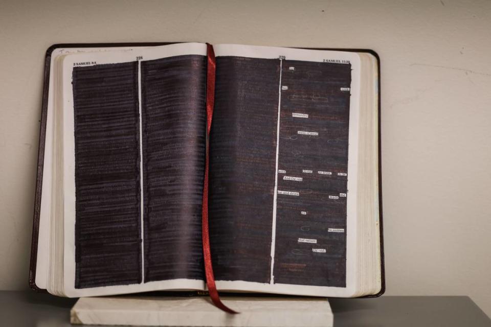 Using blackout or erasure poetry, pages of 2 Samuel in the Bible are blacked out by Caeli Faisst to create one of her poems.