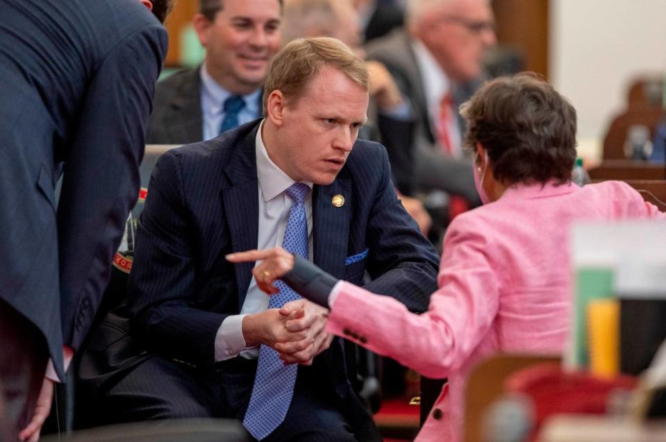 Rep. Pricey Harrison of Greensboro, N.C. confers with Rep. Destin Hill of Lenoir, N.C., during debate of SB 749 on the House floor on Tuesday, September 19. 2023 in Raleigh, N.C.