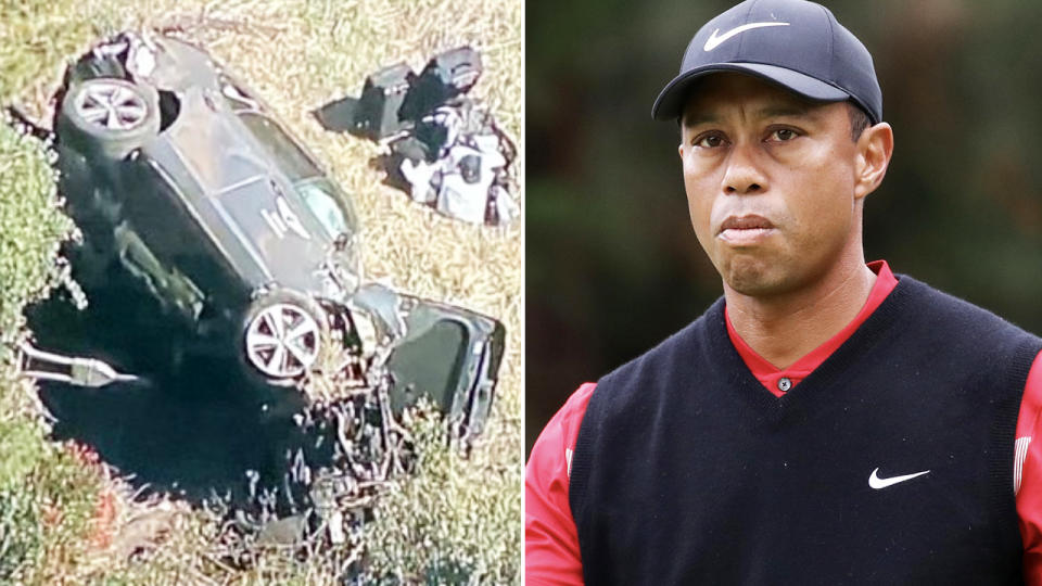 Tiger Woods was hospitalised after a major car crash. Image: Twitter/Getty