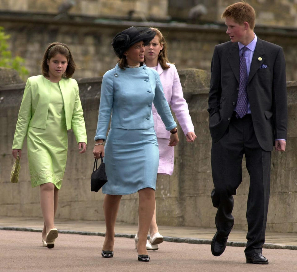 Prince Harry arrives with (left-right) Princess Eugenie, Princess Xenia of  Germany and Princess Beatrice at St George&#39;s Chapel in the precincts of Windsor Castle after attending a service of thanksgiving.   * Fifty Royals were at Windsor to celebrate the Duke of Edinburgh&#39;s 80th birthday. Family and close friends were later guests at a birthday lunch.   (Photo by Fiona Hanson - PA Images/PA Images via Getty Images)