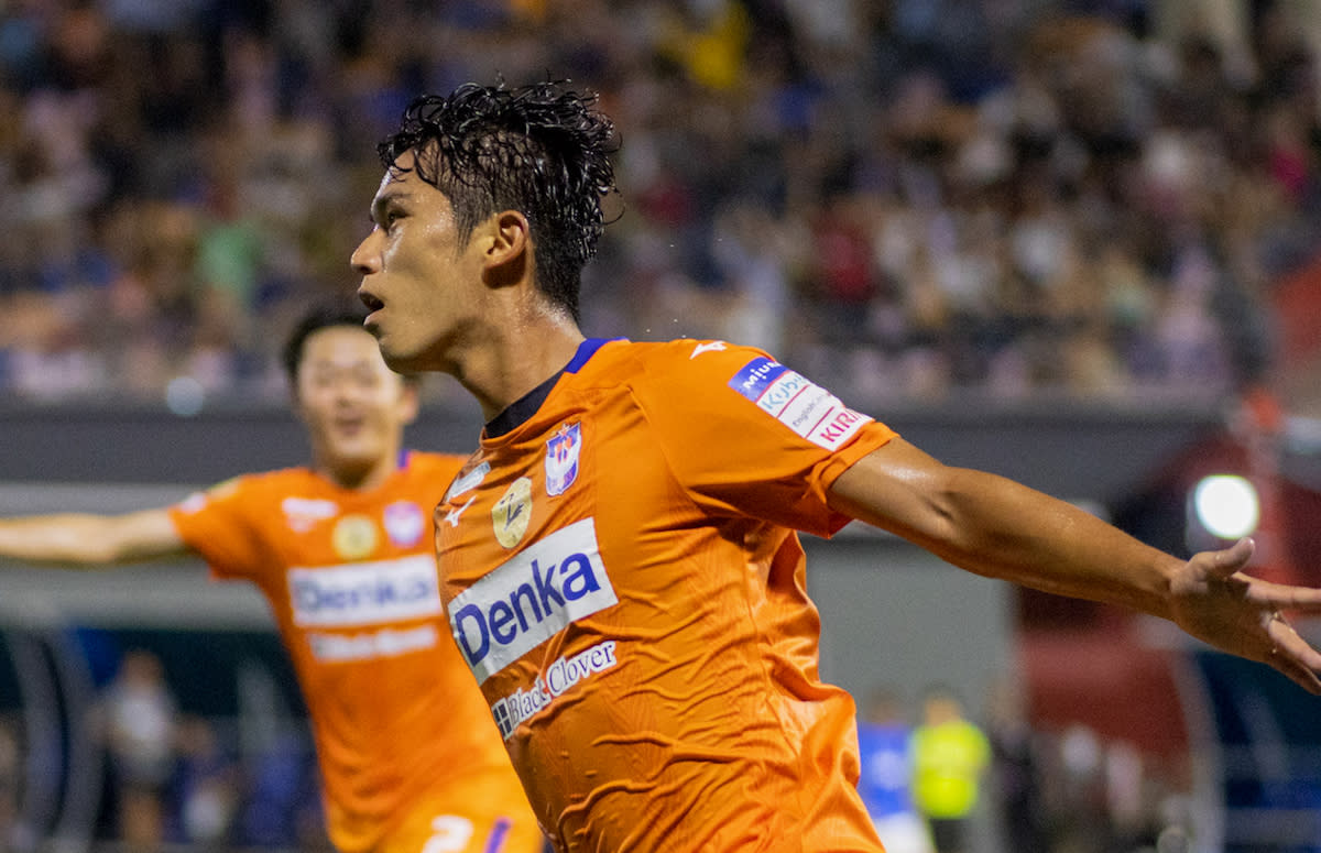 Albirex Niigata fullback Ryo Takahashi celebrates scoring their second goal against Lion City Sailors in their Singapore Premier League clash. (PHOTO: SPL)