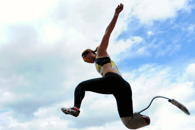 Maya Nakanishi, who is planning to compete in the 2012 London Paralympic Games, published a calendar featuring her posing semi-nude with her prosthetic leg to help fund her training and trip to London Paralympic Games.