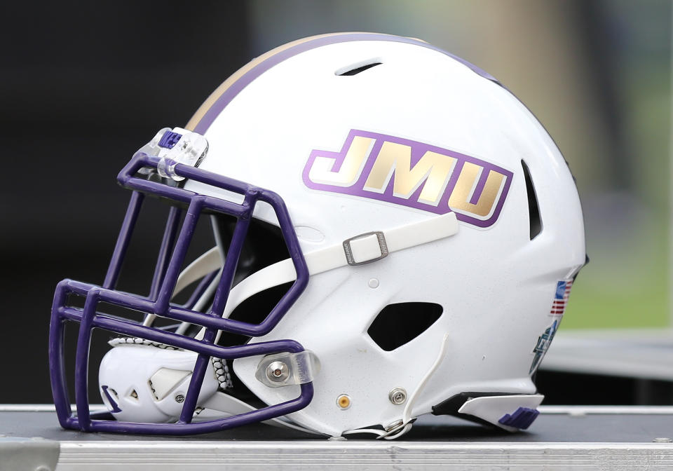 RICHMOND, VA - OCTOBER 16: James Madison Dukes helmet on the sidelines prior to a game between the James Madison Dukes and the Richmond Spiders on October 16, 2021, at E. Claiborne Robins Stadium in Richmond, VA (Photo by Lee Coleman/Icon Sportswire via Getty Images)