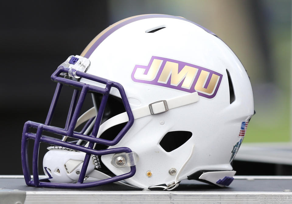 RICHMOND, VA - OCTOBER 16: James Madison Dukes helmet on the sideline prior to a game between the James Madison Dukes and the Richmond Spiders on October 16, 2021, at E. Claiborne Robins Stadium in Richmond, VA. (Photo by Lee Coleman/Icon Sportswire via Getty Images)