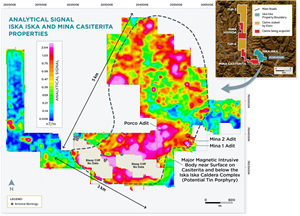 Figure 1: Plan map of Analytical Signal for Iska Iska and Casiterita showing likely extent of major magnetic intrusive body.