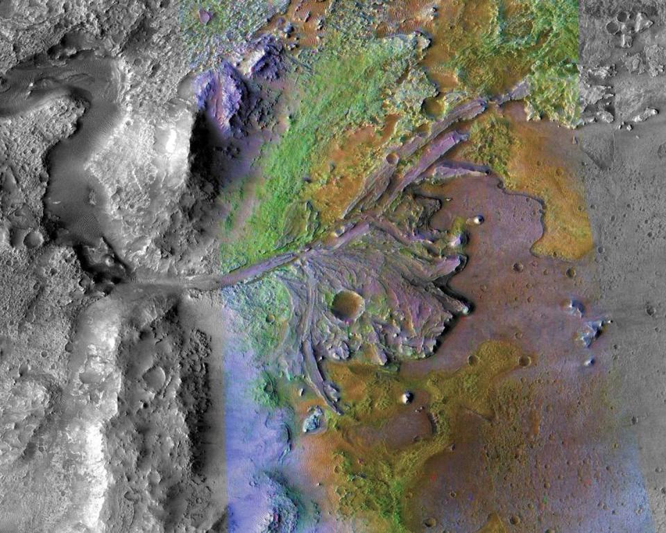 <span class="caption">NASA’s Mars 2020 will land in Jezero Crater, pictured here. On ancient Mars, water carved channels and transported sediments to form fans and deltas within lake basins. Green colors indicate detections of carbonate minerals that may have formed in the ancient lake.</span> <span class="attribution"><a class="link " href="https://www.nasa.gov/image-feature/jezero-crater-mars-2020s-landing-site" rel="nofollow noopener" target="_blank" data-ylk="slk:NASA/JPL-Caltech/ASU;elm:context_link;itc:0;sec:content-canvas">NASA/JPL-Caltech/ASU</a></span>