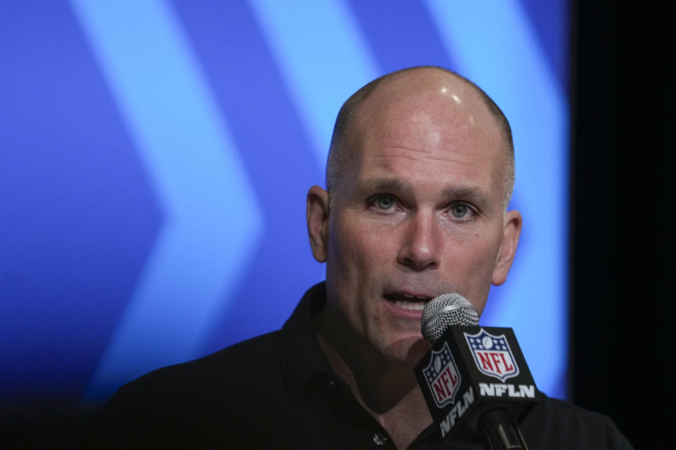 Baltimore Ravens generall manager Eric DeCosta speaks during a press conference at the NFL football scouting combine in Indianapolis, Wednesday, March 1, 2023. (AP Photo/Michael Conroy)