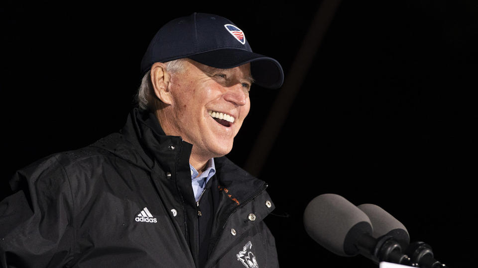 Joe Biden speaks during a drive-in campaign rally at  Franklin Delano Roosevelt (FDR) Park on November 01, 2020 in Philadelphia, Pennsylvania. (Drew Angerer/Getty Images)