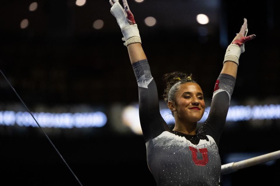 Utah Utes Amelie Morgan competes on the bars during the Sprouts Farmers Market Collegiate Quads at Maverik Center in West Valley on Saturday, Jan. 13, 2024. #1 Oklahoma, #2 Utah, #5 LSU, and #12 UCLA competed in the meet. | Megan Nielsen, Deseret News