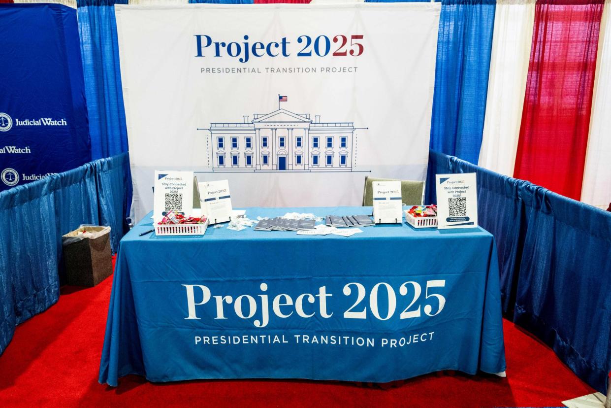 <span>An information booth for Project 2025 at CPAC in National Harbor, Maryland, on 23 February 2024.</span><span>Photograph: Michael Brochstein/Sipa USA via Alamy</span>