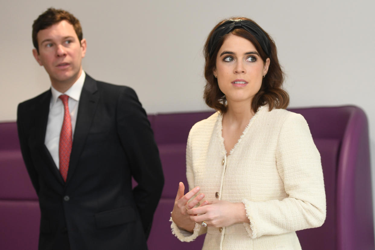 Princess Eugenie and Jack Brooksbank visit the Royal National Orthopaedic Hospital in London to open the new Stanmore Building. (Photo by David Mirzoeff/PA Images via Getty Images)