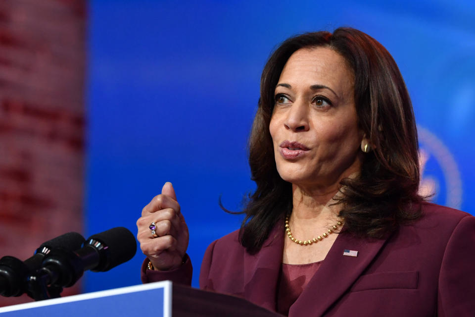 US Vice President-Elect Kamala Harris speaks during an event announcing the nomination of Dr. Miguel Cardona as Education Secretary at The Queen in Wilmington, Delaware, on December 23, 2020.