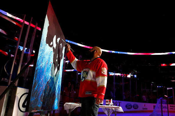 SUNRISE, FL - DECEMBER 28: National Anthem Singer and Painter Joe Everson performs before the start of the game between the Florida Panthers and the Toronto Maple Leafs at the BB&T Center on December 28, 2016 in Sunrise, Florida. (Photo by Eliot J. Schechter/NHLI via Getty Images)