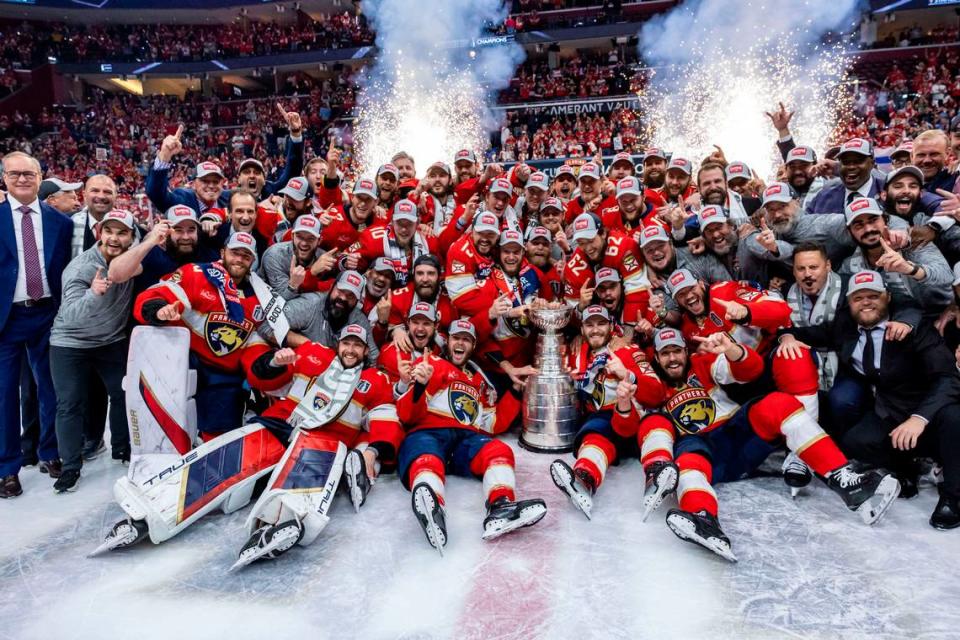 Sunrise, Florida, June 24, 2024 - Panthers celebrate with the Stanley Cup after defeating the Edmonton Oilers in Game 7 of the Stanley Cup Final
