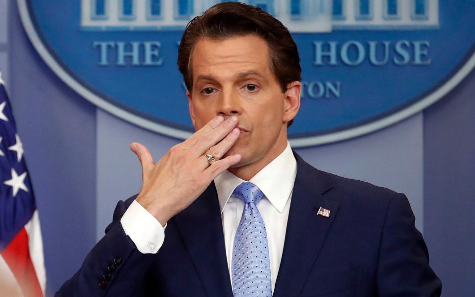 In this July 21, 2017 photo, incoming White House communications director Anthony Scaramucci, right, blowing a kiss after answering questions during the press briefing in the Brady Press Briefing room of the White House - Credit: AP