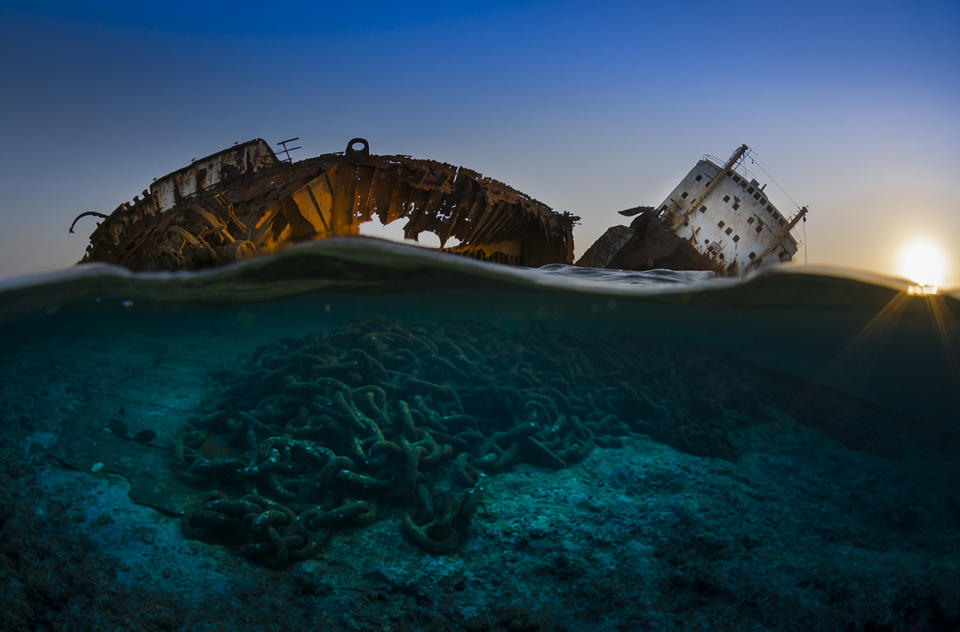 "The wreck of the Louilla at sunset," winner of the UPY Wrecks category. <cite>Copyright Csaba Tökölyi/UPY 2017</cite>