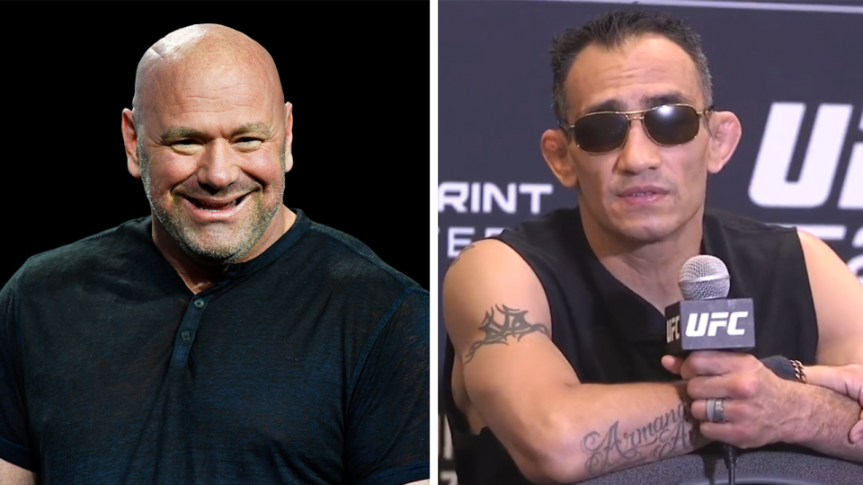 UFC star Tony Ferguson (pictured right) during a press conference and (pictured left) UF boss Dana White.