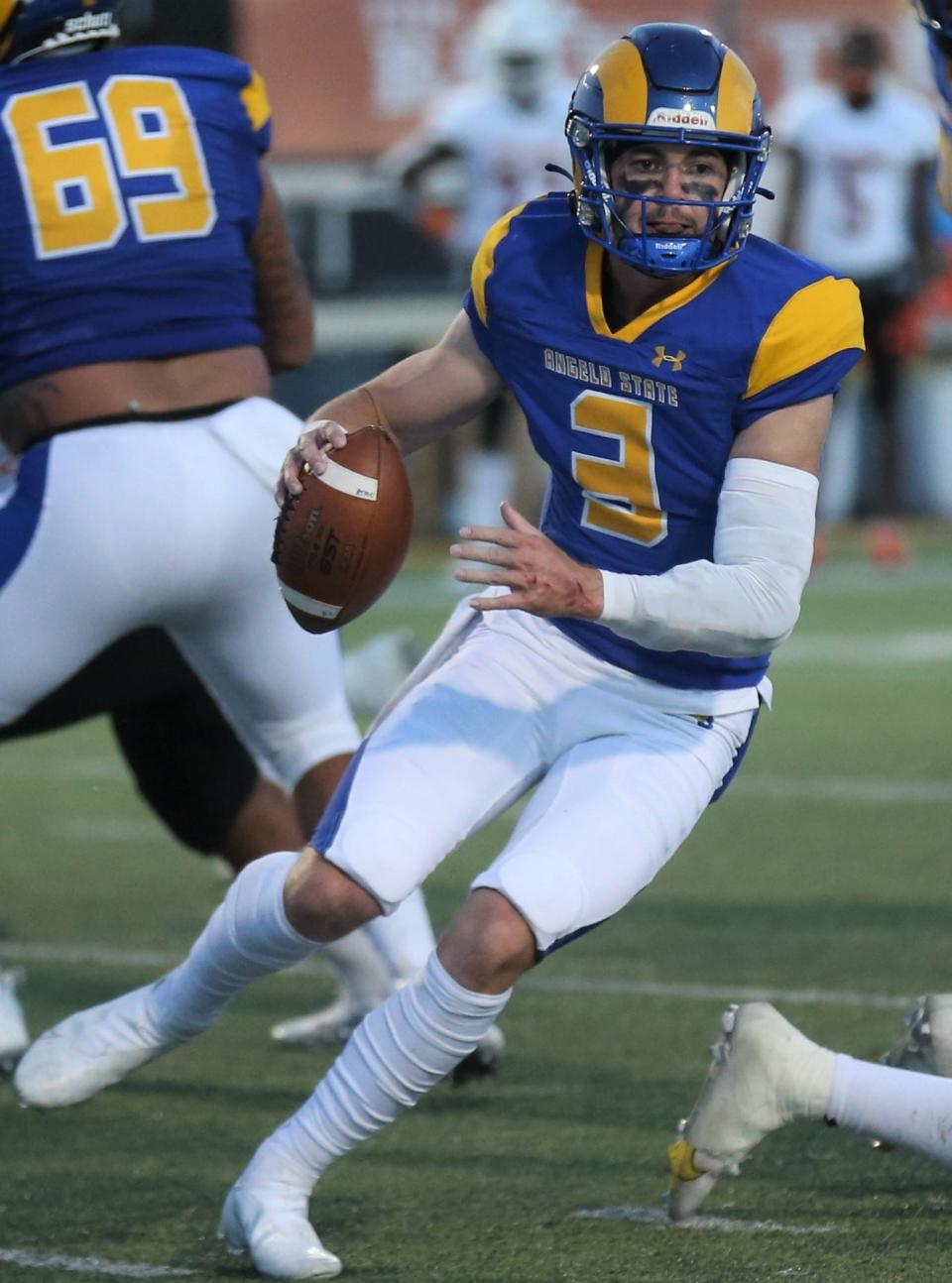Angelo State University quarterback Zach Bronkhorst against UT Permian Basin in a homecoming contest at LeGrand Stadium at 1st Community Credit Union Field on Saturday, Oct. 16, 2021.