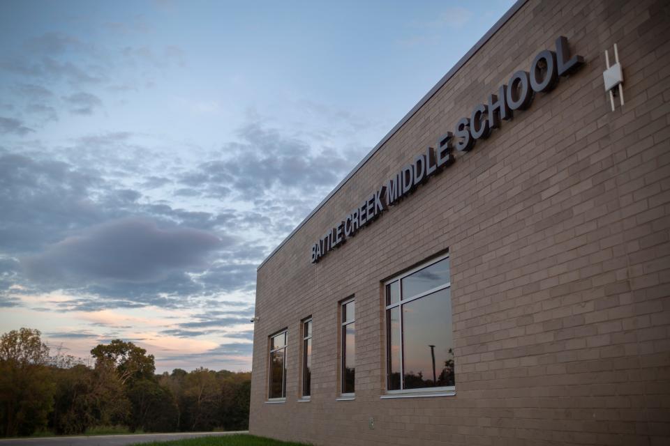 The sun sets over Battle Creek Middle School in Spring Hill, Tenn., on Monday, Oct. 4, 2021.