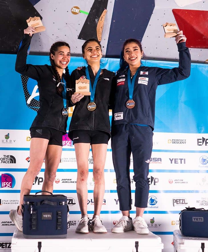 <span class="article__caption">Brooke Raboutou (left) with the silver, Grossman with gold, and Miho Nonaka of Japan with bronze at this past weekend’s world cup in Salt Lake City.</span> (Photo: Daniel Gajda/IFSC)