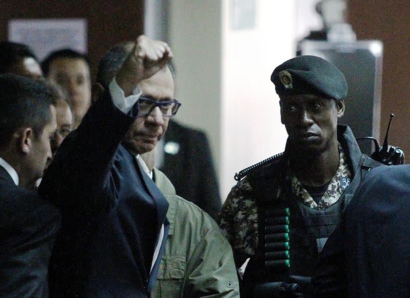 FILE PHOTO: Ecuadorean Vice President Jorge Glas reacts as he arrives to court, to attend his trial on bribery from Brazilian construction company Odebrecht, in Quito