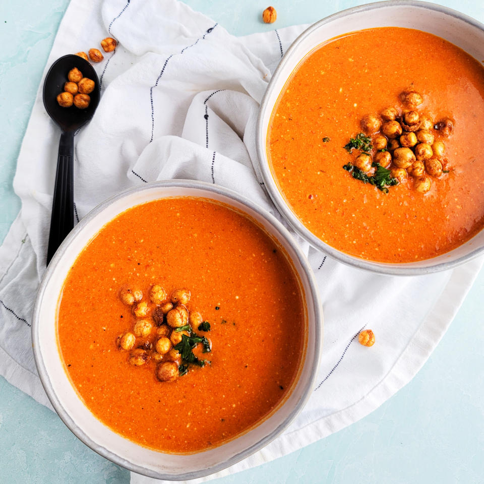 Roasted Red Pepper & Peanut Soup with Crispy Spiced Chickpeas