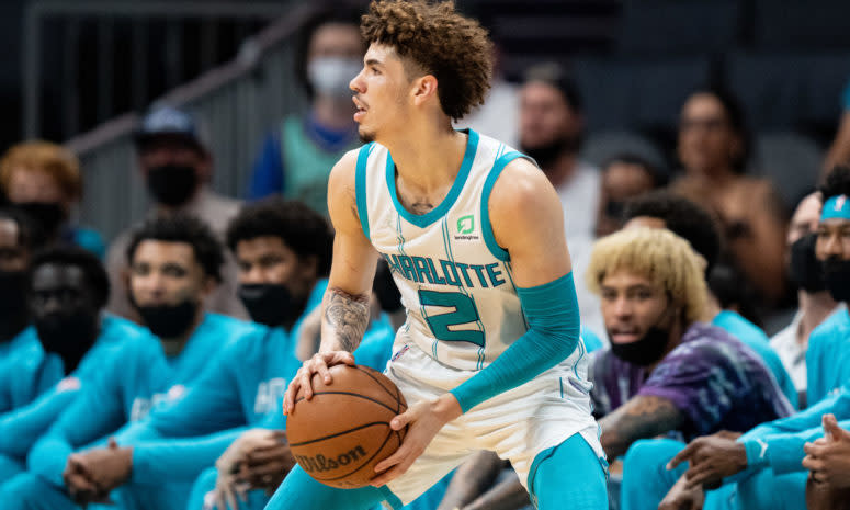 Hornets point guard LaMelo Ball squares up a shot.