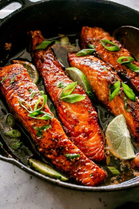 Diethood<p>This honey garlic sauce salmon recipe makes crispy and tender salmon that’s so delicious!</p><p><strong>Get the recipe: <a href="https://diethood.com/honey-garlic-sauce-salmon/" rel="sponsored" target="_blank" data-ylk="slk:Honey Garlic Sauce Salmon;elm:context_link;itc:0;sec:content-canvas" class="link "><em>Honey Garlic Sauce Salmon</em></a></strong></p>
