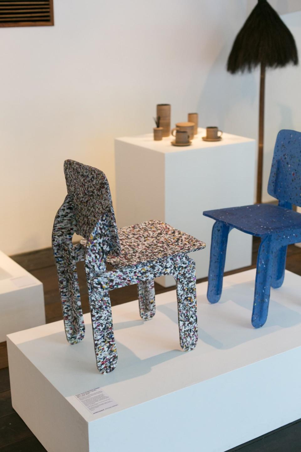 Two festively speckled plastic Study Chairs by Max Lamb.