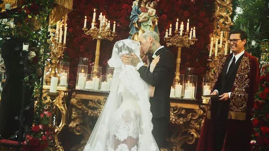 <p><a href="https://people.com/tv/kourtney-kardashian-travis-barker-share-first-wedding-photos/" rel="nofollow noopener" target="_blank" data-ylk="slk:The newlyweds share a pic;elm:context_link;itc:0;sec:content-canvas" class="link ">The newlyweds share a pic</a> from the ceremony with the caption, "happily ever after."</p>