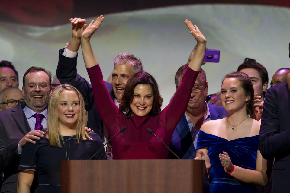 Gretchen Whitmer gives her acceptance speech after being elected the next governor of Michigan, in Detroit, Tuesday, Nov. 6, 2018. The Michigan Democratic Party held its election night event at the Sound Board Theater at MotorCity Casino. (David Guralnick/Detroit News via AP)