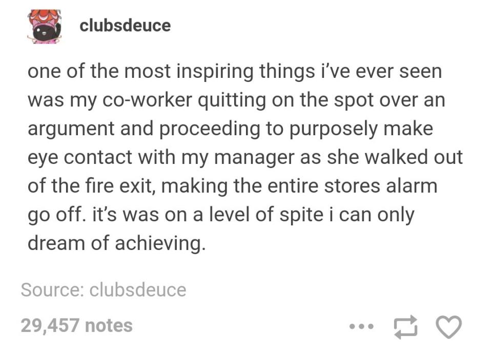 A tweet that says someone's coworker looked at their manager and walked out of the fire exit, causing the alarms to go off