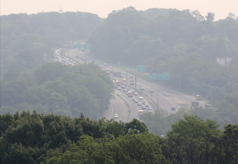 A smoky haze fills the valley between Rumsey Road and the Cross County Parkway in Yonkers, pictured June 7, 2023. 