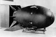 This is the type of atomic bomb exploded over Nagasaki, Japan, in World War II, the Atomic Energy Commission and Defense Department said in releasing this photo in Washington, Dec. 6, 1960. The weapon, known as the ‘Fat Man’ type, is 60 inches in diameter and 128 inches long. The second nuclear weapon to be detonated, it weighed about 10,000 pounds and had a yield equivalent to approximately 20,000 tons of high explosive. (Photo: AP)