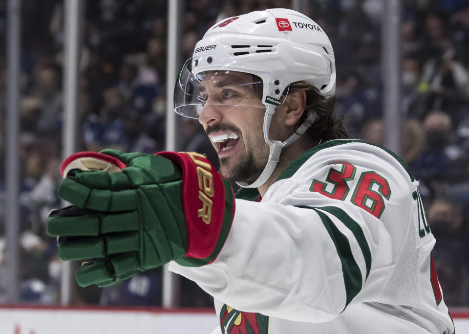 Minnesota Wild's Mats Zuccarello, of Norway, celebrates his goal against the Vancouver Canucks during the first period of an NHL hockey game, Tuesday, Oct. 26, 2021 in Vancouver, British Columbia. (Darryl Dyck/The Canadian Press via AP)
