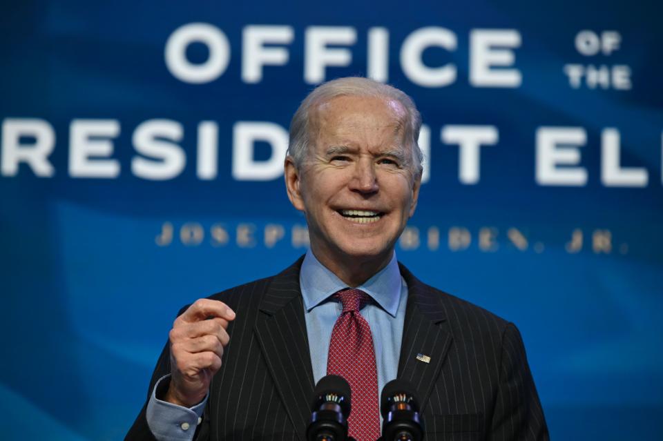 US President-elect Joe Biden speaks at The Queen theater in Wilmington, Delaware on January 8, 2021, to announce key nominees for his economic and jobs team. - Biden and Harris announced on January 8, 2021 the following nominees for their economic and jobs team: for Secretary of Commerce, Rhode Island Governor Gina Raimondo; for Secretary of Labor, Boston Mayor Marty Walsh; for Small Business Administrator, California official Isabel Guzman; and for Deputy Secretary of Commerce, Biden's former counselor Don Graves. (Photo by JIM WATSON / AFP) (Photo by JIM WATSON/AFP via Getty Images)