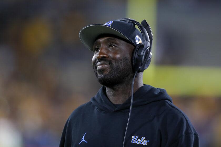 PASADENA, CA - OCTOBER 2: UCLA Bruins runnings back coach DeShaun Foster during a college football game between the Arizona State Sun Devils and the UCLA Bruins on October 2, 2021, at the Rose Bowl in Pasadena, CA. (Photo by Jordon Kelly/Icon Sportswire via Getty Images)