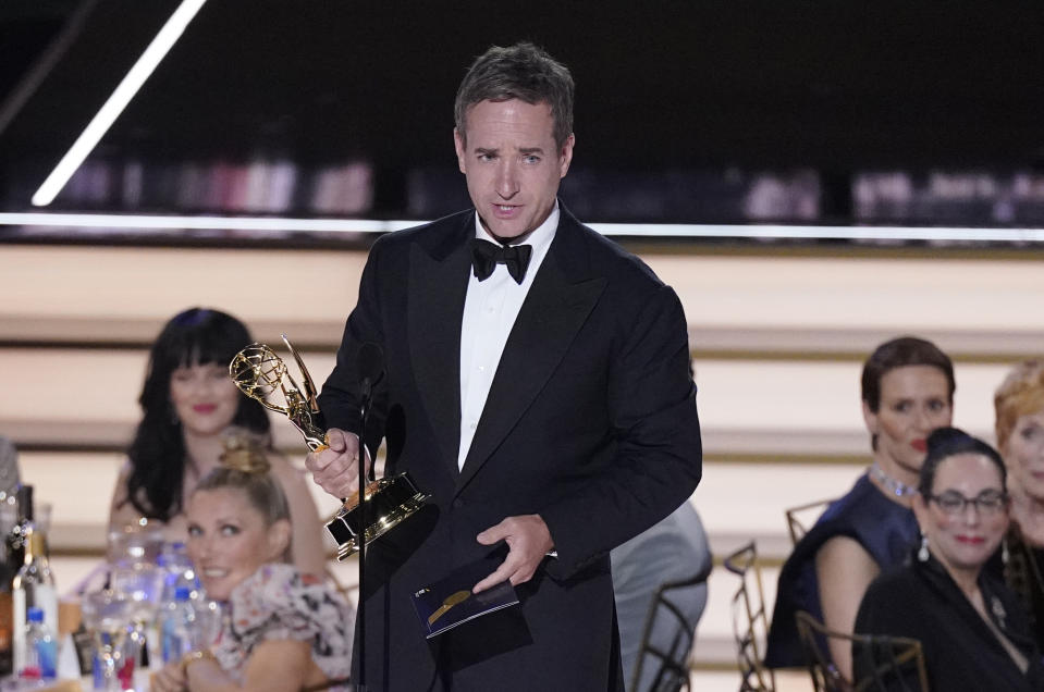 Matthew Macfayden accepts the Emmy for outstanding supporting actor in a drama series for "Succession" at the 74th Primetime Emmy Awards on Monday, Sept. 12, 2022, at the Microsoft Theater in Los Angeles. (AP Photo/Mark Terrill)