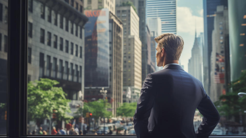 A media buying executive looking out a window at a brand advertiser's billboard.