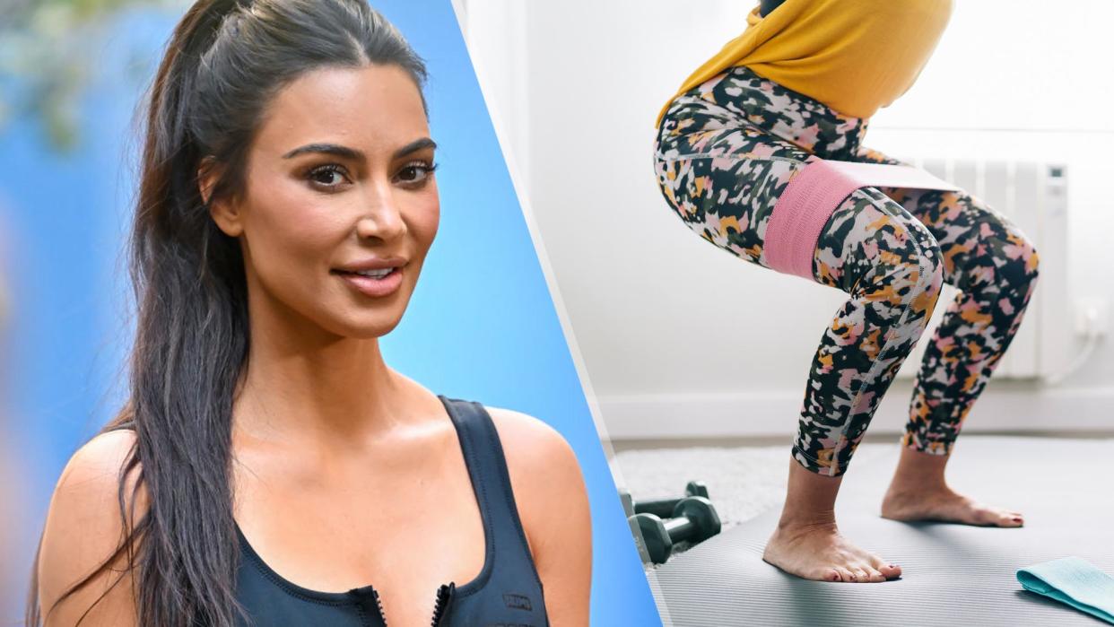  a photo of Kim Kardashian, and a woman doing resistance band squats 