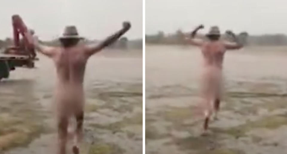 NSW drought: Naked Dubbo farmer celebrates rain with nude run.