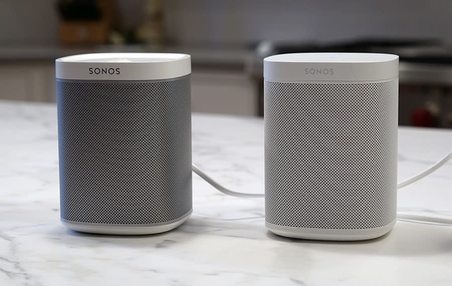 The older Sonos Play:One (left) and the new Sonos Play are suddenly voice-controllable.