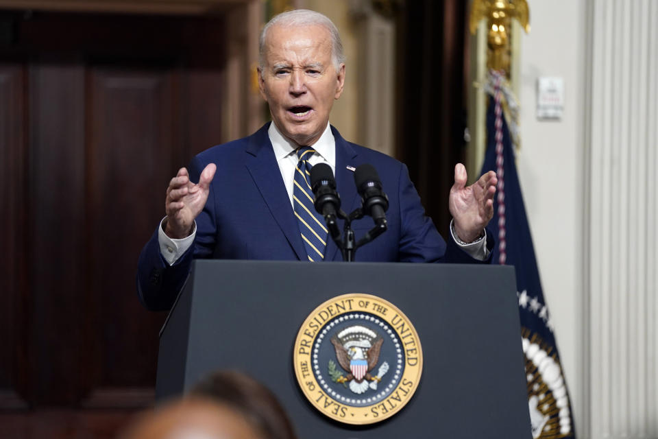 President Joe Biden speaks during an event to establish the Emmett Till and Mamie Till-Mobley National Monument, in the Indian Treaty Room in the Eisenhower Executive Office Building on the White House campus, Tuesday, July 25, 2023, in Washington. (AP Photo/Evan Vucci)