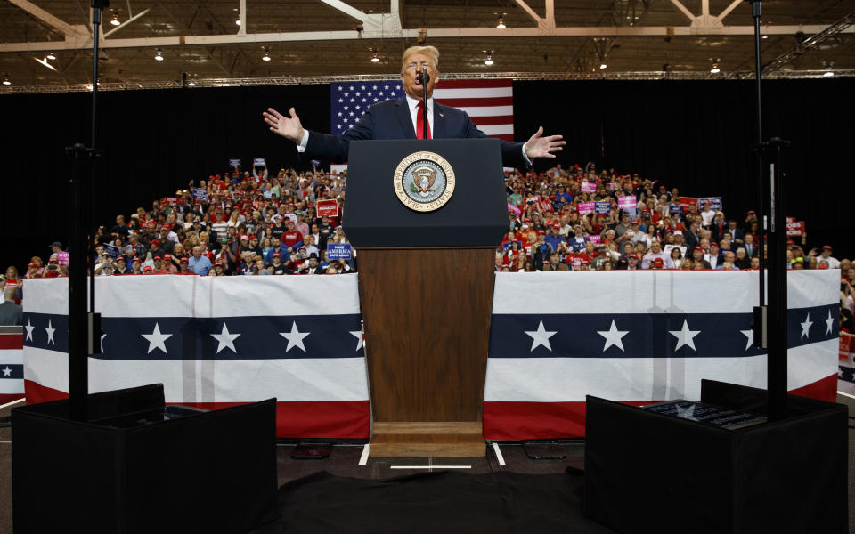 President Donald Trump speaks during a rally at the IX Center, in Cleveland, Monday, Nov. 5, 2018, (AP Photo/Carolyn Kaster)