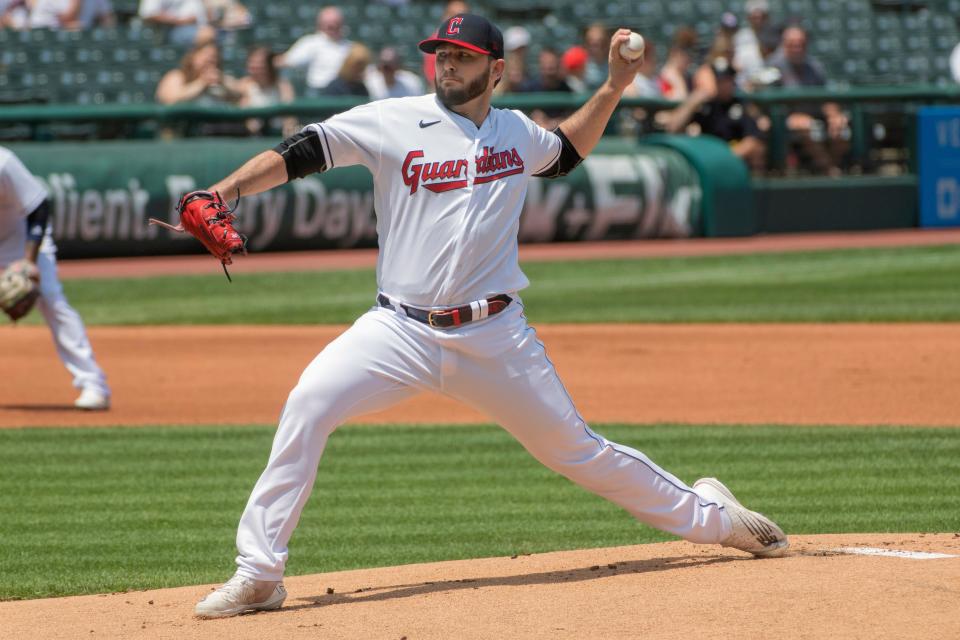 Guardians starting pitcher Konnor Pilkington delivers against the Kansas City Royals during the first inning Wednesday in Cleveland.