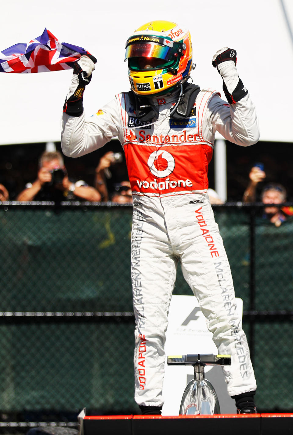 MONTREAL, CANADA - JUNE 10: Lewis Hamilton of Great Britain and McLaren celebrates in parc ferme after winning the Canadian Formula One Grand Prix at the Circuit Gilles Villeneuve on June 10, 2012 in Montreal, Canada. (Photo by Paul Gilham/Getty Images)