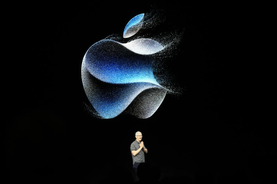 Apple CEO Tim Cook speaks during an announcement of new products on the Apple campus, Tuesday, Sept. 12, 2023, in Cupertino, Calif. (AP Photo/Jeff Chiu)