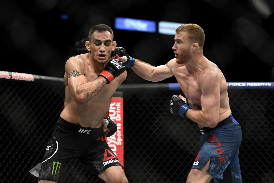 JACKSONVILLE, FLORIDA - MAY 09: Justin Gaethje (R) of the United States punches Tony Ferguson (L) of the United States in their Interim lightweight title fight during UFC 249 at VyStar Veterans Memorial Arena on May 09, 2020 in Jacksonville, Florida. (Photo by Douglas P. DeFelice/Getty Images)